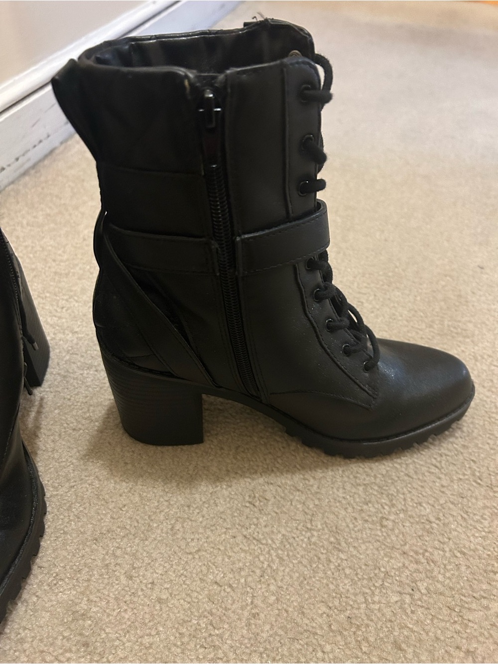 Express Black Lace-Up Block Heel Ankle Boots with Buckle Accent - Picture 2 of 5
